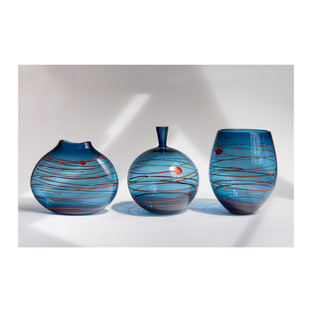 handblown glass, glass bottle, glass vase, blue and red glass