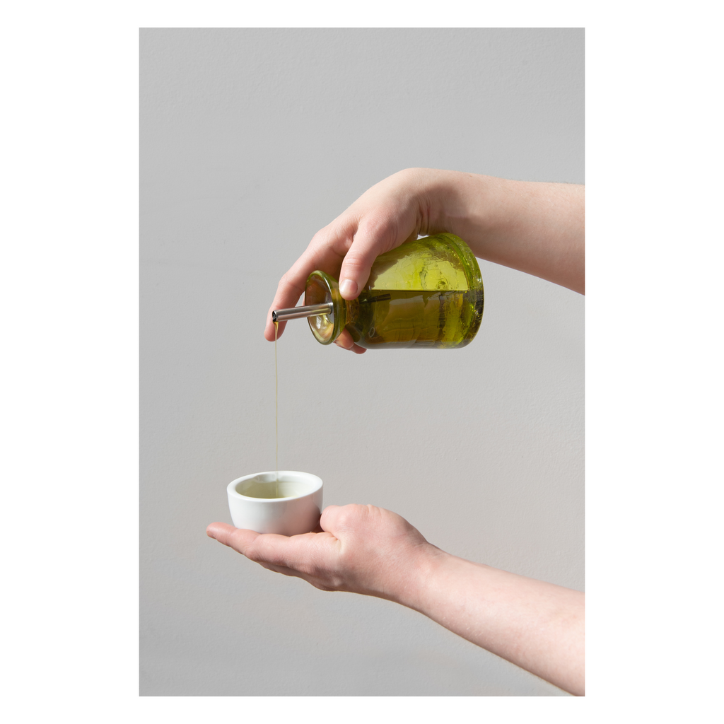 handblown glass, olive oil ewer 