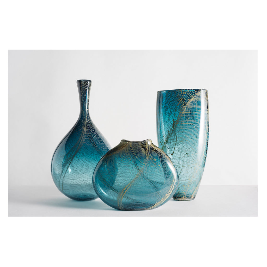 Hand Blown Glass Vase, Steel Blue and Tan Collection